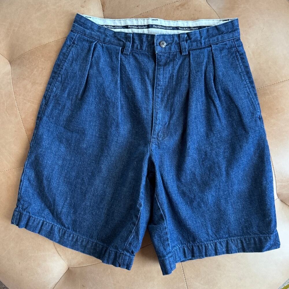 Vintage Polo Ralph Lauren Blue Denim Tyler Bermuda Shorts Pleats Pockets 30